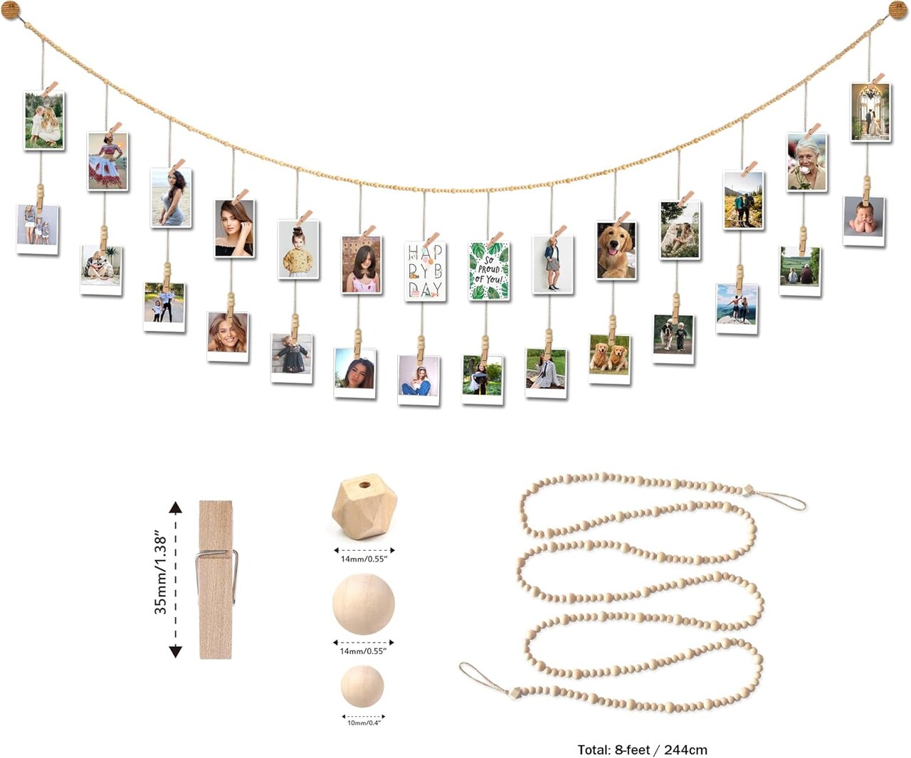 Wooden Beads Garland with Clothespins Picture Cards Holder - Country Farmhouse Christmas Nursery Boho Holiday Decorations with Clips